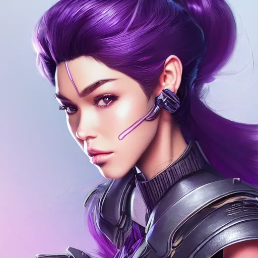 Image similar to close up portrait of a madison beer in smooth purple sci - fi armor, long black ponytail, elegant, intense, woman, an ultrafine hyperdetailed illustration by kim jung gi, irakli nadar, intricate linework, sharp focus, bright colors, octopath traveler, final fantasy, unreal engine 5, global illumination, radiant light