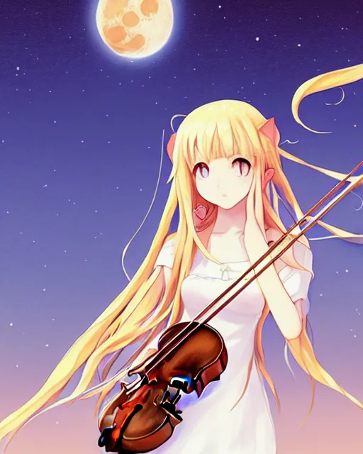 Image similar to teen, cute, melancholy, full body, cat girl, white skin, golden long wavy hair, holding a violin and playing a song, stunning art style, filters applied, lunar time, night sky, trending art, sharp focus, centered, landscape shot, fate zero, simple background, studio ghibly makoto shinkai yuji yamaguchi, by wlop