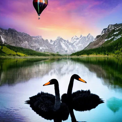 Image similar to photo of two black swans touching heads in a beautiful reflective mountain lake, a colorful hot air balloon is flying above reflecting off water, hot air balloon, intricate, 8k highly professionally detailed, centered, HDR, CGsociety