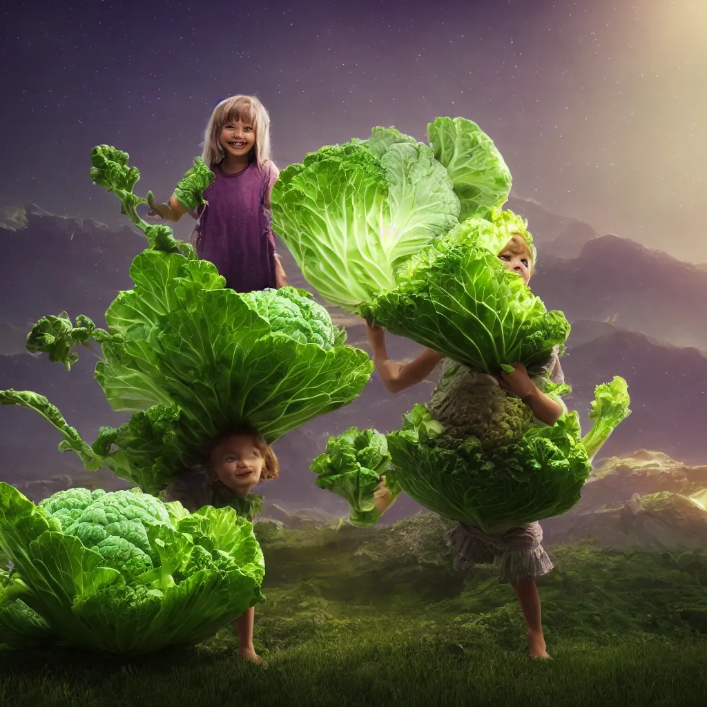 Image similar to happy child carrying a cabbage on her head, cosmic sci fi landscape with farm and vegetables growing, semi realistic comic, octane render, artist Dr Zeus harmonious integration+8k