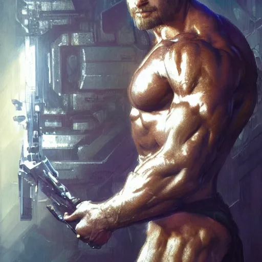 Image similar to handsome portrait of a spartan guy bodybuilder posing, radiant light, caustics, metal gear solid, ghost in the shell, by gaston bussiere, bayard wu, greg rutkowski, giger, maxim verehin