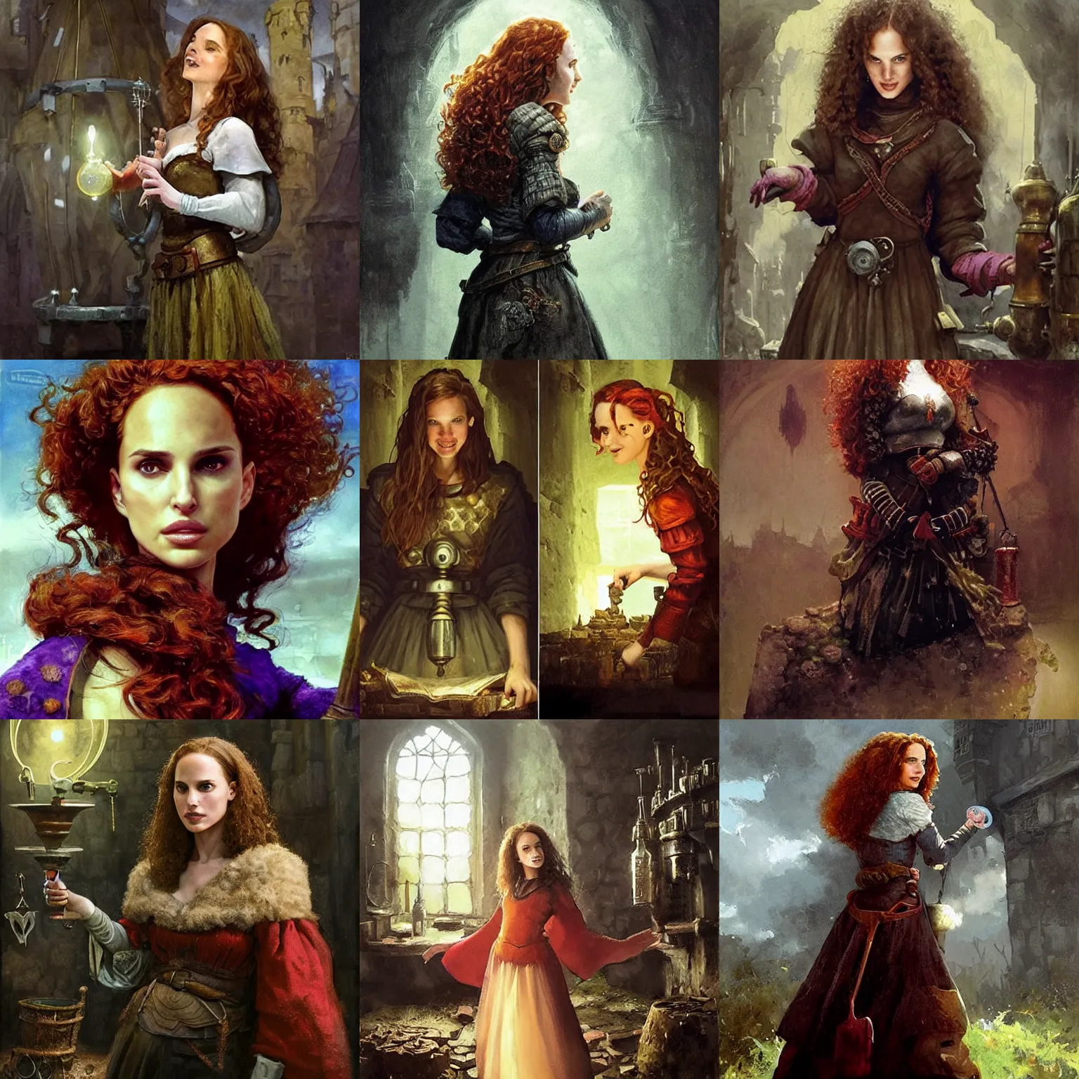 Prompt: young, freckled, curly haired, redhead natalie portman as a ( ( ( cheerful ) ) ), clumsy medieval alchemist in a alchemy lab!!. dark shadows, colorful, ( low key light ), law contrasts, fantasy concept art by jakub rozalski, jan matejko, and j. dickenson