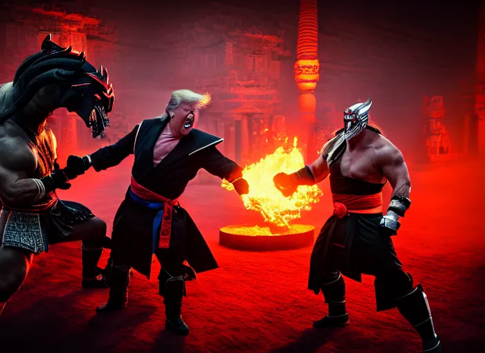 Prompt: trump fights biden in mortal kombat on the background of an ancient temple with a giant shao kahn laughing. fantasy magic style. highly detailed 8 k. intricate. lifelike. soft light. sony a 7 r iv 5 5 mm. cinematic post - processing