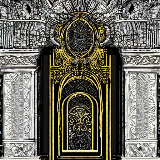 Image similar to ancient fantasy marble gate, neonpunk, mega structure, symmetric, intricate details