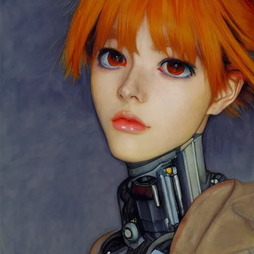 Image similar to realistic beautiful highly detailed portrait of asuka langley soryu's eva, photorealistic, mecha, angel, egon schiele, john mcneill whistler, john singer sargent, epic, stunning