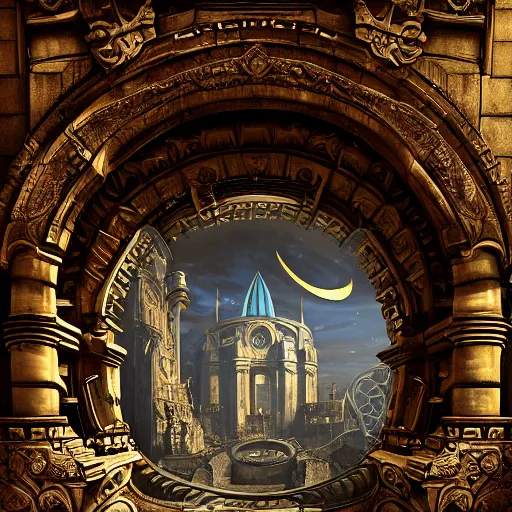 Image similar to carved futuristic gateway at the end of ancient ornate steps with a large wide window to a city which details the vast architectural scientific ancient and cultural achievements of humankind, magical atmosphere, molecules and machines, renato muccillo, jorge jacinto, damian kryzwonos, ede laszlo, highly detailed digital art, cinematic blue and gold