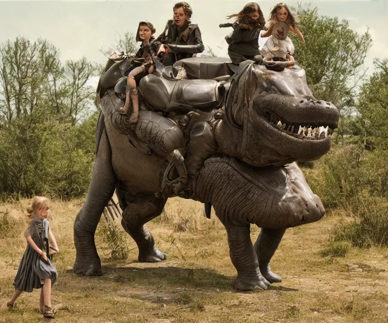 Prompt: 35mm still from a sci fi blockbuster movie made in 2022, set in 1860, of a family riding on the back of alien hippos, on an alien planet, across an alien landscape that is full of strange wild alien plants and flowers, the family are wearing 1850s era clothes, cinematic lighting, 4k, in focus faces, good quality lighting, good quality photography, oscar winner