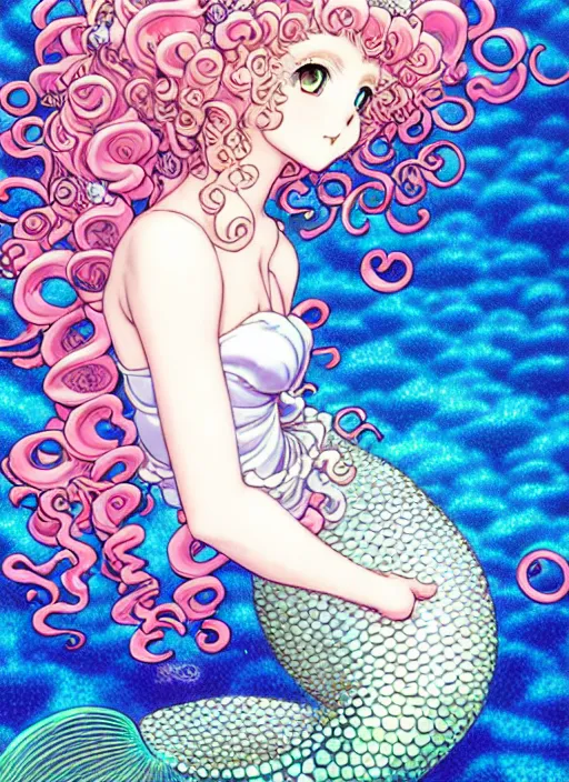 Prompt: manga of beautiful mermaid girl, curls hair, rococo ruffles dress, pastel rainbow, pearlescent, shimmering, reflective, rim light, detailed background, by takeshi obata, katsuhiro otomo, takato yamamoto, illustration, celluloid, dark fantasitc, artstation, concept art, highly detailed, colorful, maximalist