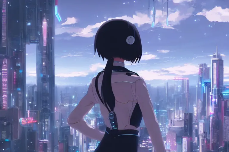 Prompt: makoto shinkai. robotic android girl. futuristic cyberpunk dystopia.