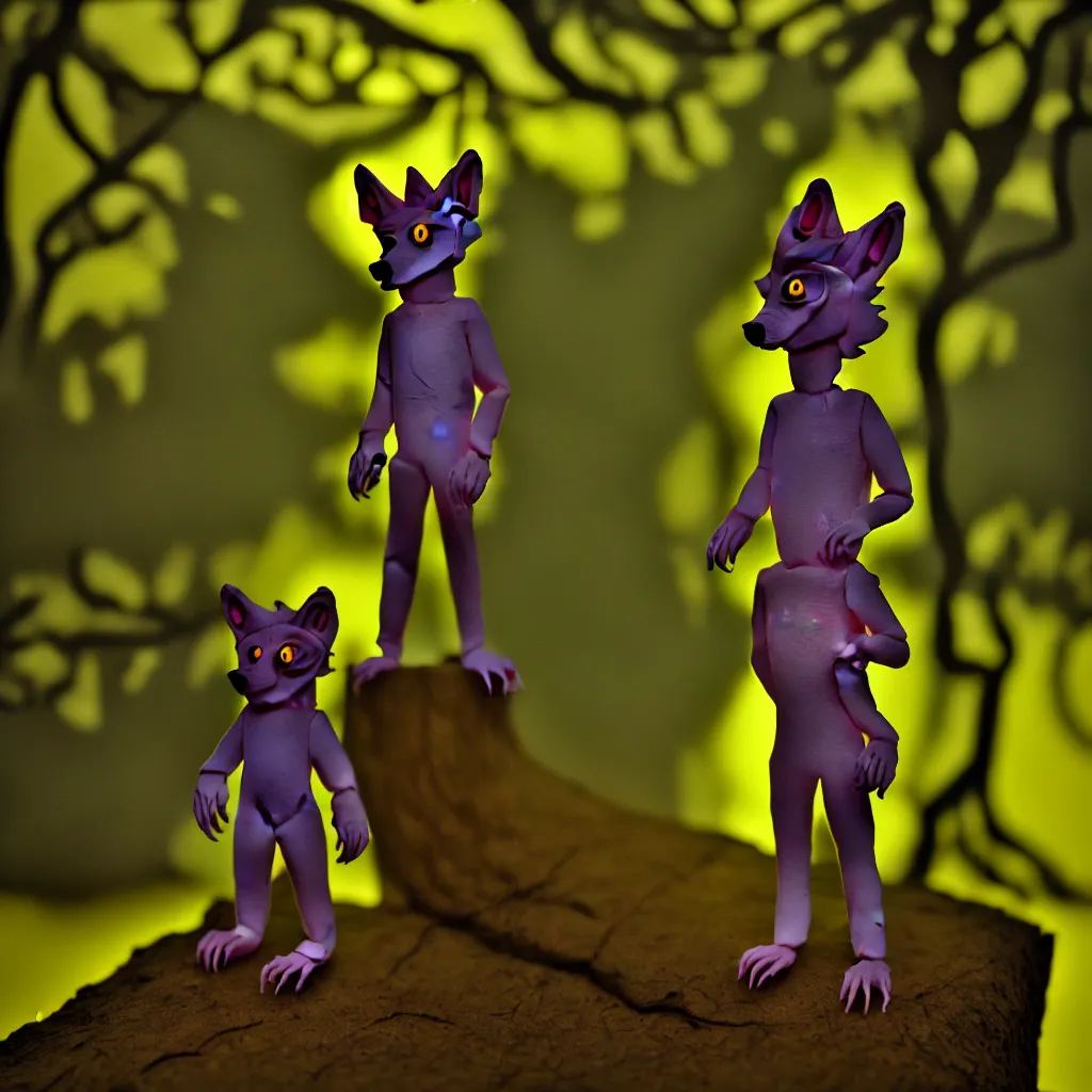 Prompt: plasticine werewolf in the cute forest backlit