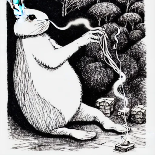 Image similar to a pen and ink drawing of a white rabbit smoking a cigarette while reclining in a deep dark tangled forest, a lingering smoke cloud, childrens book illustration, by edward gorey, by gustav dore