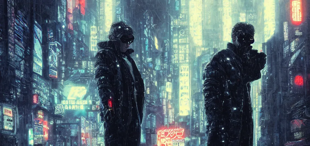 Prompt: detailed film still portrait of marty mcfly in the movie blade runner, cyberpunk futuristic, neon, reflective puffy coat, decorated with traditional japanese by smail inceoglu dragan bibin hans thoma greg rutkowski alexandros pyromallis nekro, illustrated, fine details, realistic shaded, fine - face,