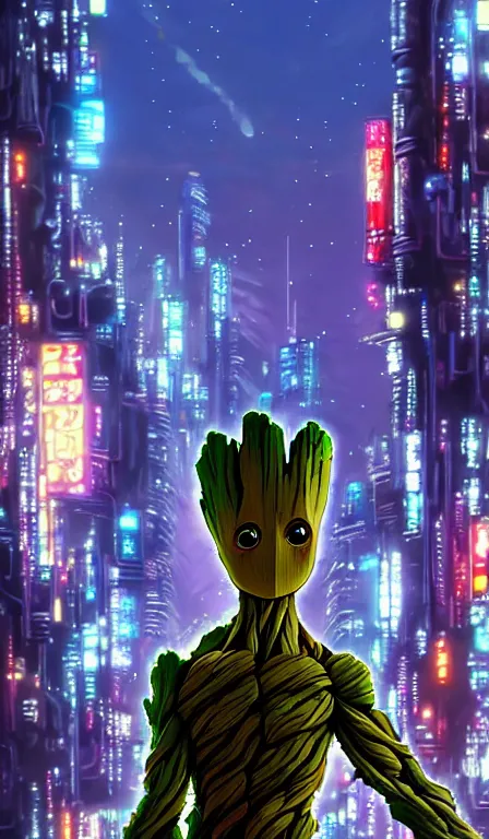 Image similar to anime fine details portrait of Groot in front of cyberpunk moder city landscape on the background deep bokeh, close-up view, anime masterpiece by Studio Ghibli. 8k, sharp high quality anime, artstation