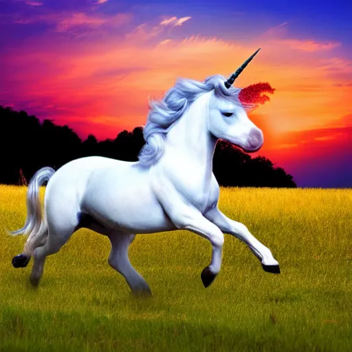 Prompt: A unicorn running in a field, photo realistic, with a sunset, professional photo