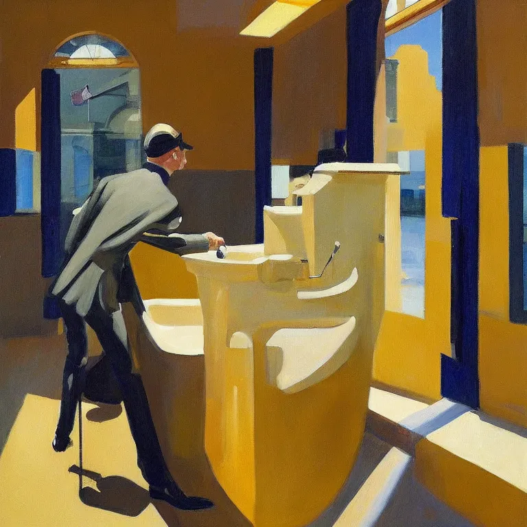 Prompt: gold urinal as art, golf club, painted by Edward Hopper, painted by James Gilleard, airbrush