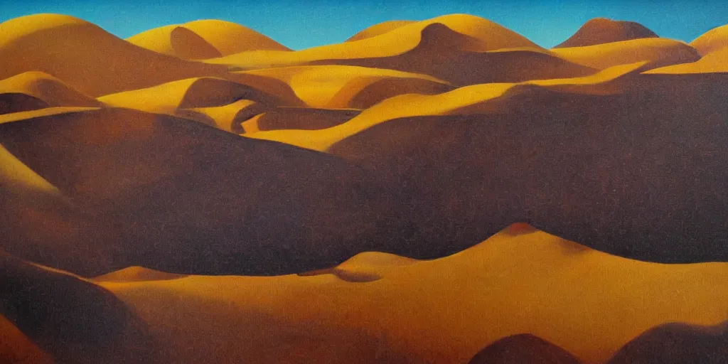 Prompt: Desert stylized landscape dark but happy fantasy surreal oil paint on canvas art deco era