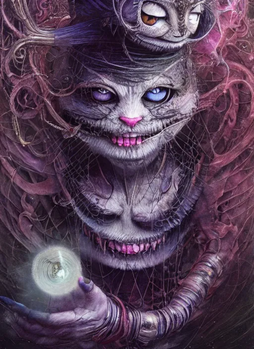 Image similar to cheshire cat the magician tarot card, highly detailed, cinematic, 8 k, by stanley artgermm, tom bagshaw, greg rutkowski, carne griffiths, ayami kojima, beksinski, giger, trending on deviantart, hyper detailed, horror, full of colour