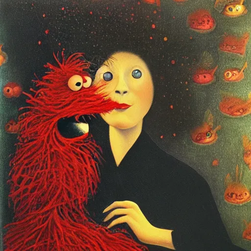 Image similar to by Remedios Varos, a portrait of Elmo from Sesame Street and his goldfish Dorothy, oil painting, traditional.