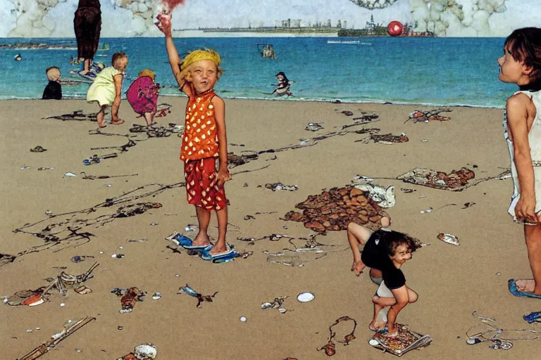 Prompt: children playing at empty beach, huge atomic explosion in the background, wide angle shot, oil on canvas by norman rockwell, by mattias adolfsson, by moebius and satoshi kon, hd, 4 k, high quality,