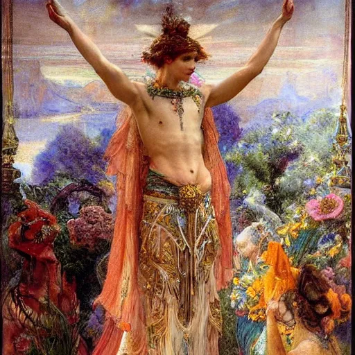 Image similar to coronation of the flower prince, by Annie Swynnerton and Gaston Bussière, embroidered brocade, tattoos, elaborate costume, geometric ornament, symbolist, rich colors, dramatic lighting, smooth, sharp focus, extremely detailed