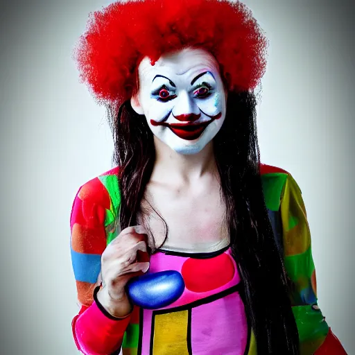 Image similar to female clown girl clowngirl. in the style of. highly realistic