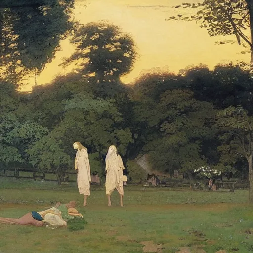 Image similar to Print. Conceptual art, the warm, golden light of the sun casts a beautiful glow on the scene, and the gentle breeze ruffles the leaves of the trees. The figures in the conceptual art are engaged in a simple activity, the way they are positioned and the expressions on their faces suggest a deep connection. Peace and contentment, idyllic setting. by Walter Langley evocative, subtle