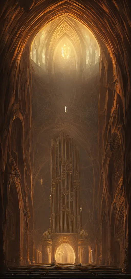 Image similar to pipe organ in an arch, obsidian walls with gold trim, by peter mohrbacher dan mumford craig mullins nekro, cgsociety, pixiv, volumetric light, 3 d render, smoke, dark fog, high contrast colors