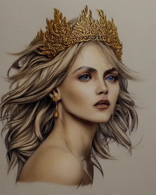 Image similar to tattoo sketch of blonde super model aphrodite greek goddess wearing a gold laurel wreath and triangle earrings, beautiful piercing gaze with sharp pupils, in the style of greg rutkowski, fantasy, amazing detail, epic, elegant, smooth, sharp focus, front view