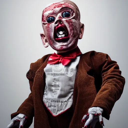 Prompt: high detailed portrait of a bloody ventriloqust dummy, scary, horrifying, creepy