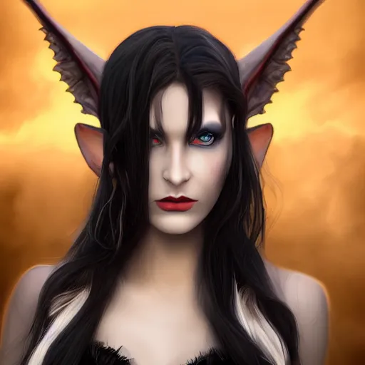 Prompt: Digital portrait of a beautiful half-elf half-vampire young woman. Half black half white hair. Red irises, vertical pupils. Award-winning digital art, trending on ArtStation