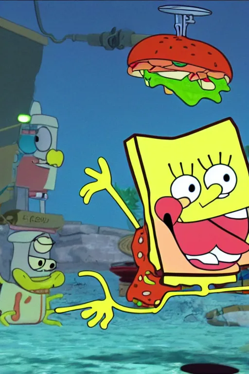 Prompt: sifi spongebob fight mr crabs for a burger, anime, 4 k