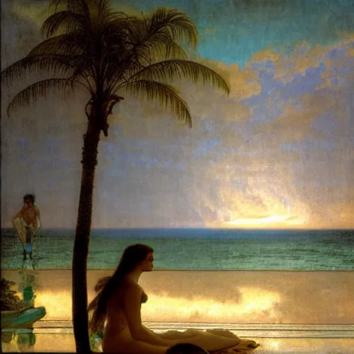 Image similar to Silhouette of two girl at the palace, thunderstorm, greek pool, beach and palm trees on the background major arcana sky, by paul delaroche, alphonse mucha and arnold böcklin arnold böcklin hyperrealistic 8k, very detailed