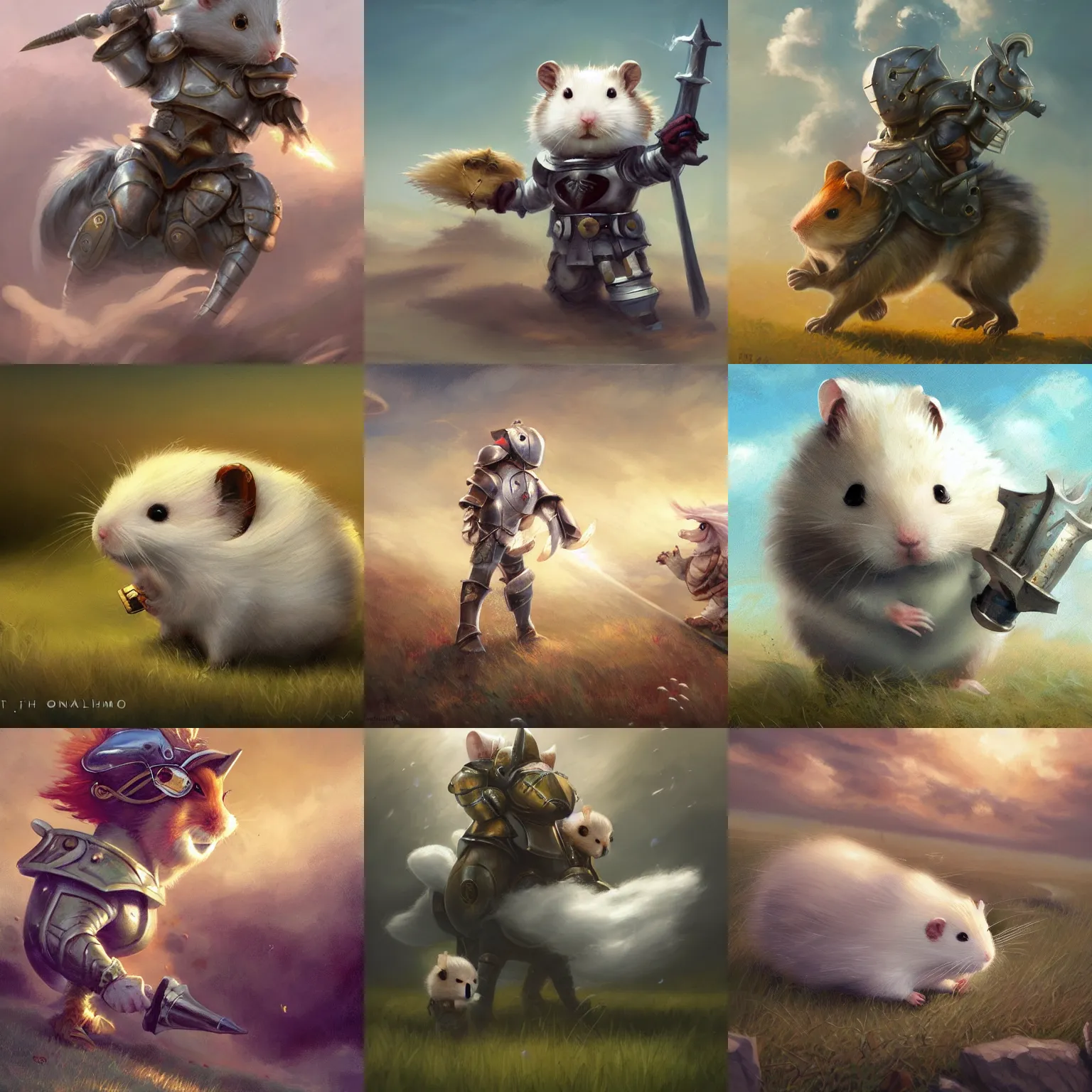 Prompt: Cloud Champion Hamster knight roaming the windswept field dave dorman edson campos christopher young jeff simpson allison carl hiro izawa paul chadeisson