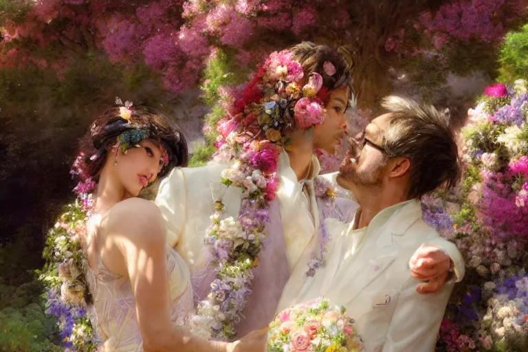 Image similar to the groom look at the bride at a wedding full of flowers, bright and happy, dreamlike art, highly detail, 4 k realistic, wedding photoy krenz cushart, artem demura, yoji shinkawa artgerm, jon lothian, danilo torres. adi meyers. thomas reimann. gaston bussiere.