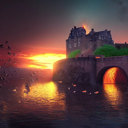 Image similar to underwater, fish swimming around Edinburgh Castle, sunset, concept art in style of Greg Rutkowki, dynamic lighting, 4k, very highly detailed