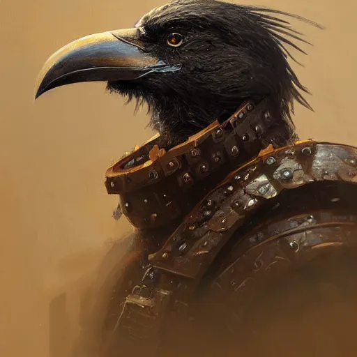 Prompt: detailed portrait of an ancient crow dressed with a wooden armor, by justin gerard and greg rutkowski, digital art, realistic painting, dnd, dungeons & dragons, character design, trending on artstation