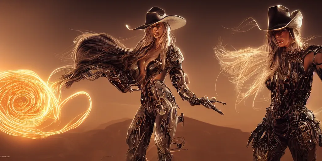 Prompt: Panorama screenshot beautiful female cyborg, beautiful glowing long flowing silver hair, super bright gold glowing eyes, wearing a cowboy hat, photographic highly detailed desert, hybrid from The Elden Ring and art direction by Darius Zawadzki ;by artgerm; wayne reynolds art station; cinematic quality character render; low angle; ultra high quality model; production quality cinema model