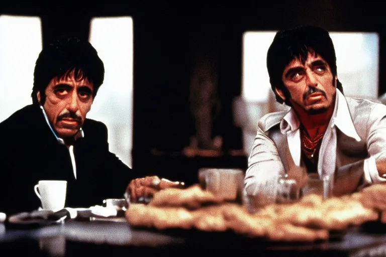 Image similar to tony montana from movie scarface 1 9 8 3 sitting at a big black oak table with big packages of flour. next to the night window. al pacino. perfect symmetric face, coherent eyes,, fine details, 4 k, ron cobb, cinestill