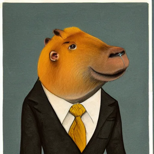 Image similar to an antropomorphic capybara wearing a suit smoking a cigar