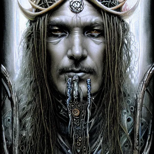 Prompt: a closeup portrait photograph of an art nouveau cyberpunk shaman by ted nasmith, luis royo and brom