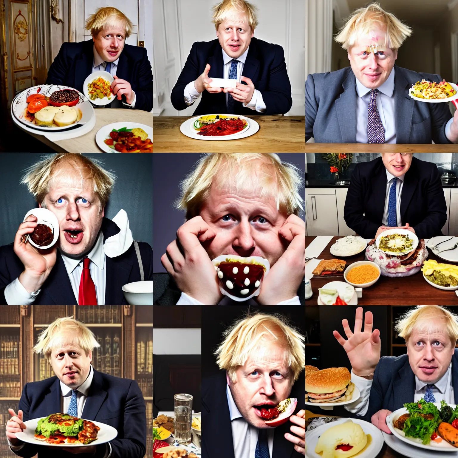 Prompt: Boris Johnson mukbang, photograph, professional lighting