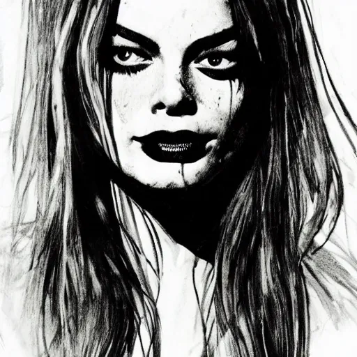 Prompt: grunge drawing of margot robbie in the style of the grudge