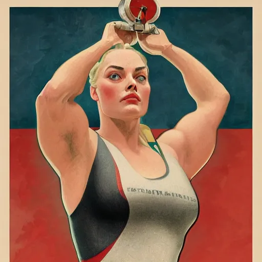 Image similar to socialist realism propaganda poster of margot robbie as beautiful female weightlifter, socialist realism, highly detailed, intricate, digital painting, artstation, sharp focus, illustration, art by jakub rozalski, greg rutkowski, artgerm, tan zi and ayanamikodon and alphonse mucha and wlop