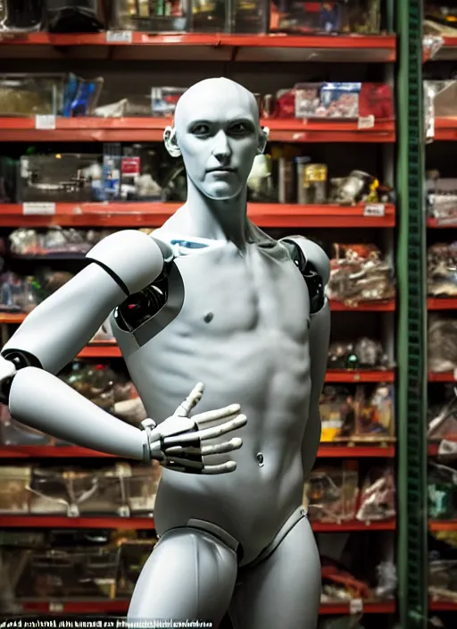 Image similar to a humanoid robot with an adult male human looking face is the statue david by michelangelo, polaroid, flash photography, photo taken in a dark storage room where you can see empty shelves in the background,