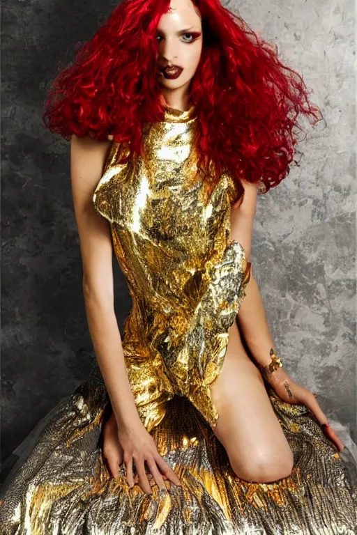 Prompt: shiny chrome transparent latex symmetrical dress with huge gold latex spikes, sexy fashion model with long red hair, high - end photoshoot, soft rembrandt lighting