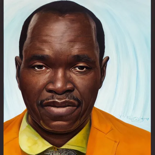 Image similar to a painting of a round face, XXL , smirky, fatherly, loving, caring, generous, ever-present, humble, wise elder from Kenya in a suit by Kehinde Wiley . Fatherly/daddy, focused, loving, leader, relaxed,. ethereal lights, details, smooth, sharp focus, illustration, realistic, cinematic, artstation, award winning, rgb , unreal engine, octane render, cinematic light, macro, depth of field, blur, red light and clouds from the back, highly detailed epic cinematic concept art CG render made in Maya, Blender and Photoshop, octane render, excellent composition, dynamic dramatic cinematic lighting, aesthetic, very inspirational, arthouse.