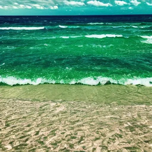 Image similar to green green green beach, green ocean, green sky, photography