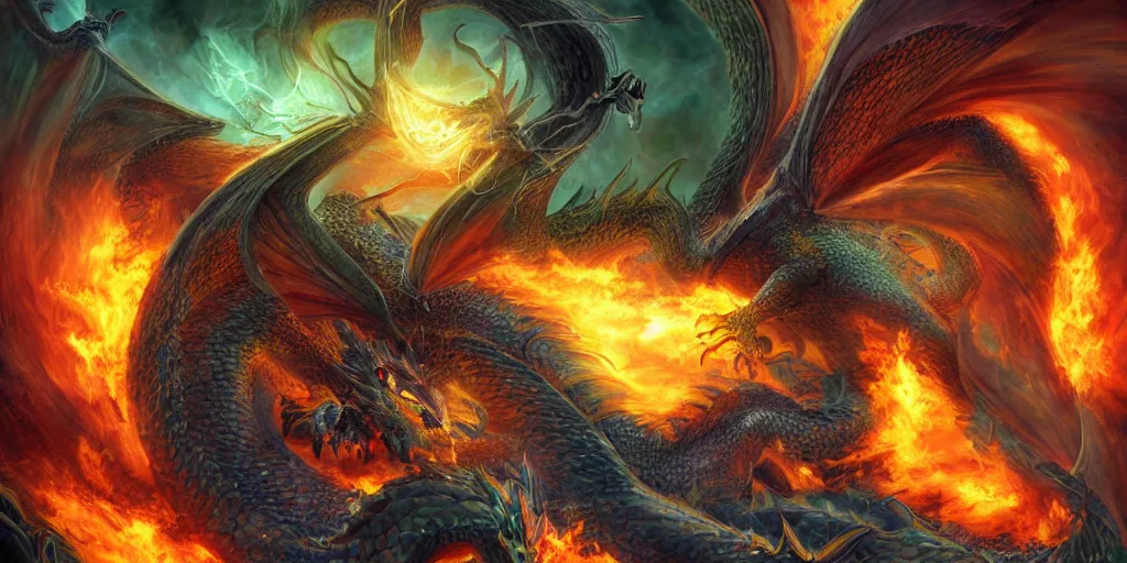 Image similar to Four dragons power up one orb of high mana energy through their breaths. The dragon of poison, the dragon of fire, the dragon of void, the dragon of metal. Digital art, hyper detailed, beautiful, clear definition, HD