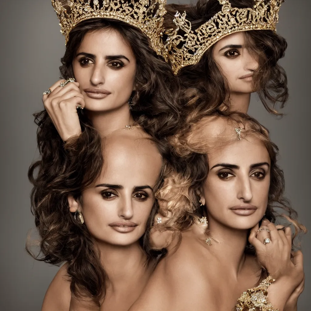 Prompt: penelope cruz as the princess of england, big crown adorned with emerald, diamonds, topaz, gold, ruby and other jewellaries, sensual, beautiful soft light failling on her face, zoomed out, studio photography, nikon 3 5 mm portrait photography, ultra realistic