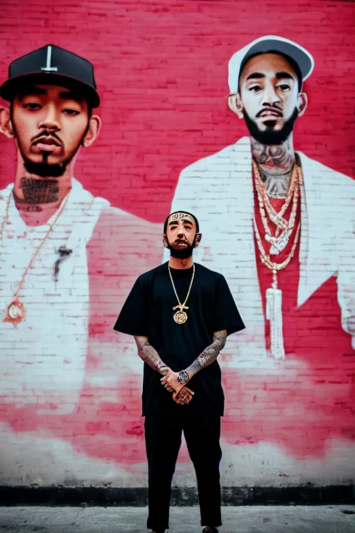 Prompt: asian guy stand in front of wall full of black rapper nipsey hussle mural, photorealistic, smooth, 4 k, aesthetic lighting, baroque object, sharp focus, hyperdetailed, professional photography, pullitzer winning, photo by : canon eos 5 d mark iv, by karah mew and adnan abidi and jodie bateman